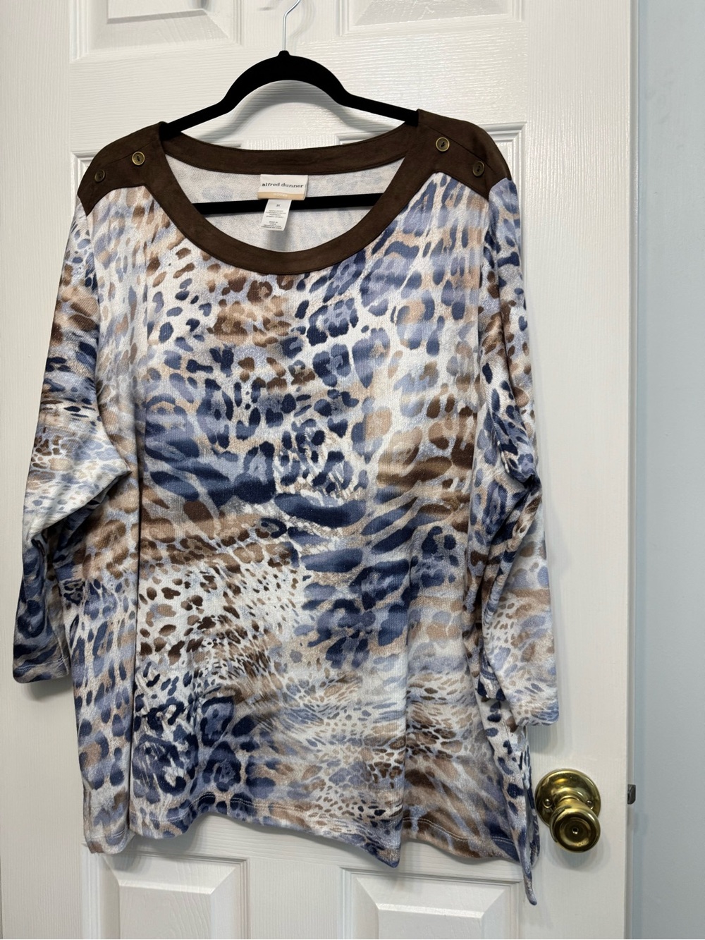 Alfred Dunner Blue and Brown Animal Print Pullover Sweater 3X